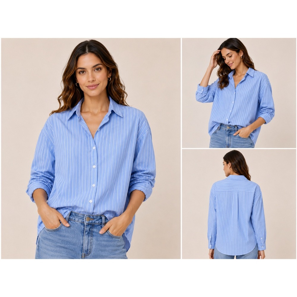 Everlane Silky 100% Cotton Relaxed Button Up Shirt XS Blue White Striped
